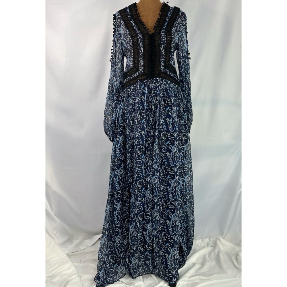 Unbranded Boho Maxi Dress Women L Blue Floral Lace‎ Pom-Pom Good Slit Sleeve